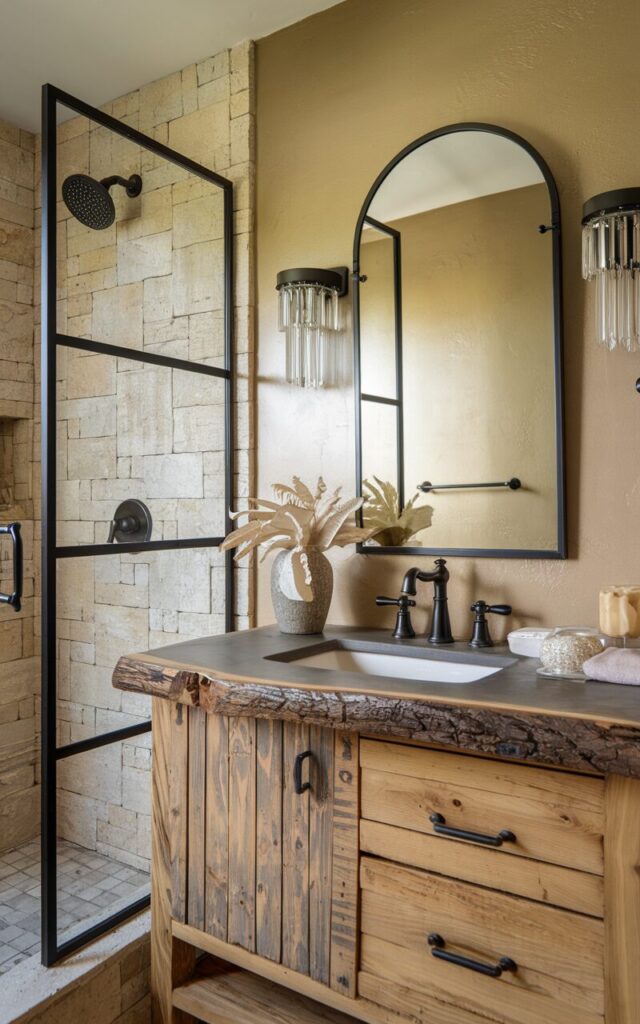 A photo of a glam-meets-rustic bathroom with warm beige walls and wood textures. There is a black matte faucet, towel bar, and shower frame. There is a raw-edge wooden vanity. Above the vanity, there is a black-framed arched mirror. There are crystal sconces that bring in a touch of sparkle. The mix of rugged materials and modern glam finishes creates a perfectly balanced space.