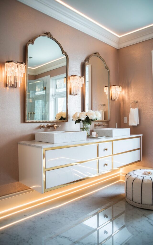 A photo of a glam-style ensuite bathroom with a floating double vanity as the focal point. The vanity is sleek and wall-mounted in high-gloss lacquered white with gold-trimmed drawer fronts. Dual vessel sinks in white marble sit beneath large arched mirrors with ornate gold frames. Glamorous sconces with crystal accents (warm light on) flank each mirror, casting a warm glow. The walls are a soft blush with subtle metallic wallpaper texture. Under-cabinet LED lighting adds a luxe touch, creating a soft floor glow. A plush ottoman rests nearby on polished marble flooring, and fresh white peonies sit in a glass vase between the sinks.