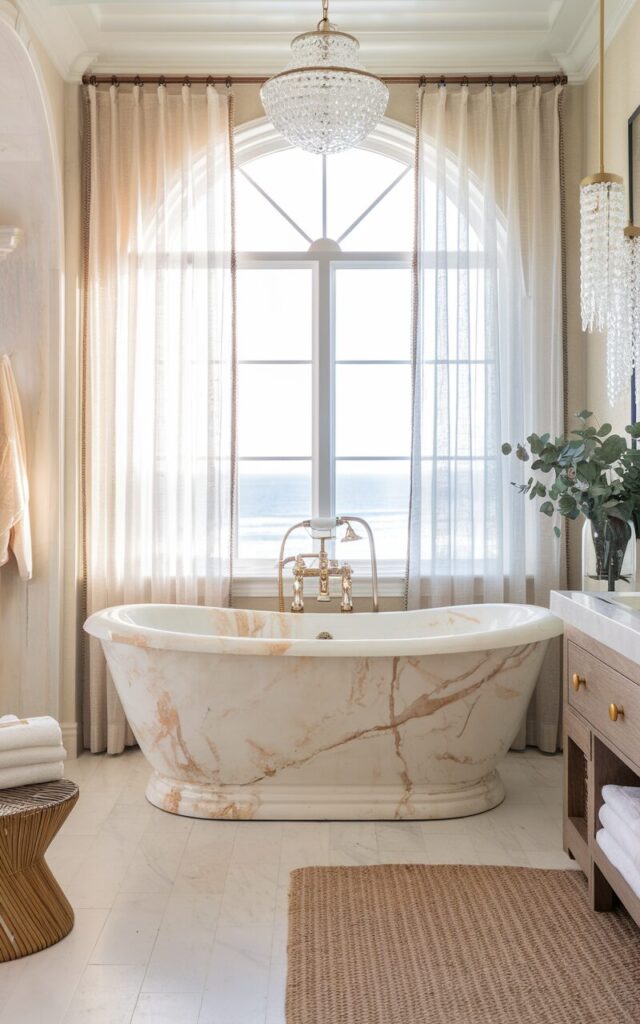 A photo of a glamorous California coastal bathroom with a freestanding soaking tub made of glossy white marble with soft beige and sand-colored veining. The tub is placed beneath a large arched window framed by breezy sheer curtains, allowing warm coastal light to enter the room. Crystal pendant lighting hangs overhead, and brushed gold fixtures gleam softly against the stone. The space combines casual elegance with sparkle. The room features white oak flooring, pale ocean-toned walls, a wooden vanity, and woven textures like a jute rug and rattan stool. A vase of eucalyptus and stacked beachy towels complete the airy, sun-kissed luxury.