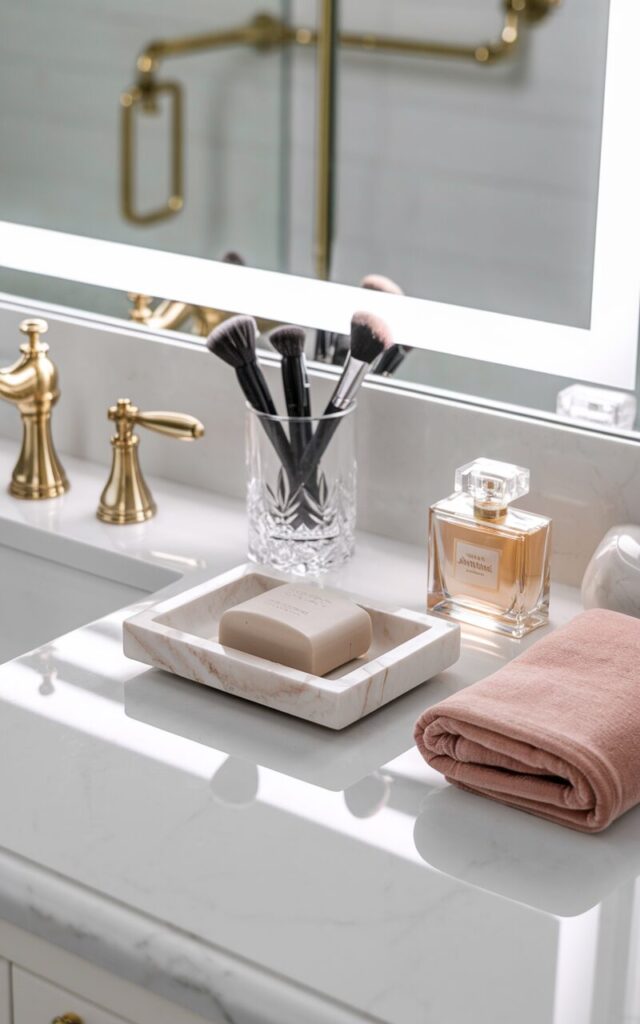 A photo of a glamorous bathroom vanity with a glossy white countertop, accented by gold fixtures and a large, backlit mirror. Centered beside the sink, a designer marble soap dish—sleek and veined in soft greys or blush tones—holds a sculpted bar of luxury soap. The dish gleams under the ambient lighting, surrounded by other elegant details: a crystal tumbler with makeup brushes, a velvet hand towel folded with care, and a gold-framed perfume bottle. The scene radiates polished sophistication, with every element chosen for maximum impact and luxe appeal.
