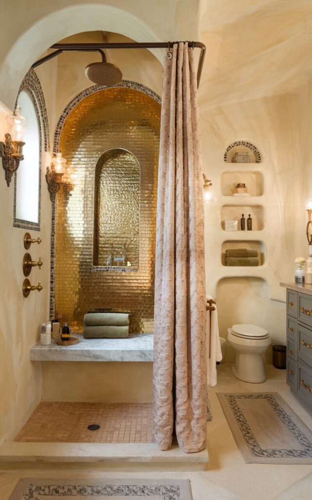 A photo of a glamorous bathroom with a Mediterranean flair. The shower area has a rainfall showerhead, a curtained window, and is lined with warm-toned stone tiles. There is a marble bench, brushed gold fixtures, and ornate sconces in the shower area. The wall behind the bench has a shimmering strip of metallic tiles—gold with a hammered texture. Outside the shower area, there is a vanity, a toilet, open shelves with essentials, and a floor rug. The walls are soft and creamy, with mosaic accents and olive-toned towels. The metallic niche detail catches the light beautifully, blending old-world charm with high-end glam.