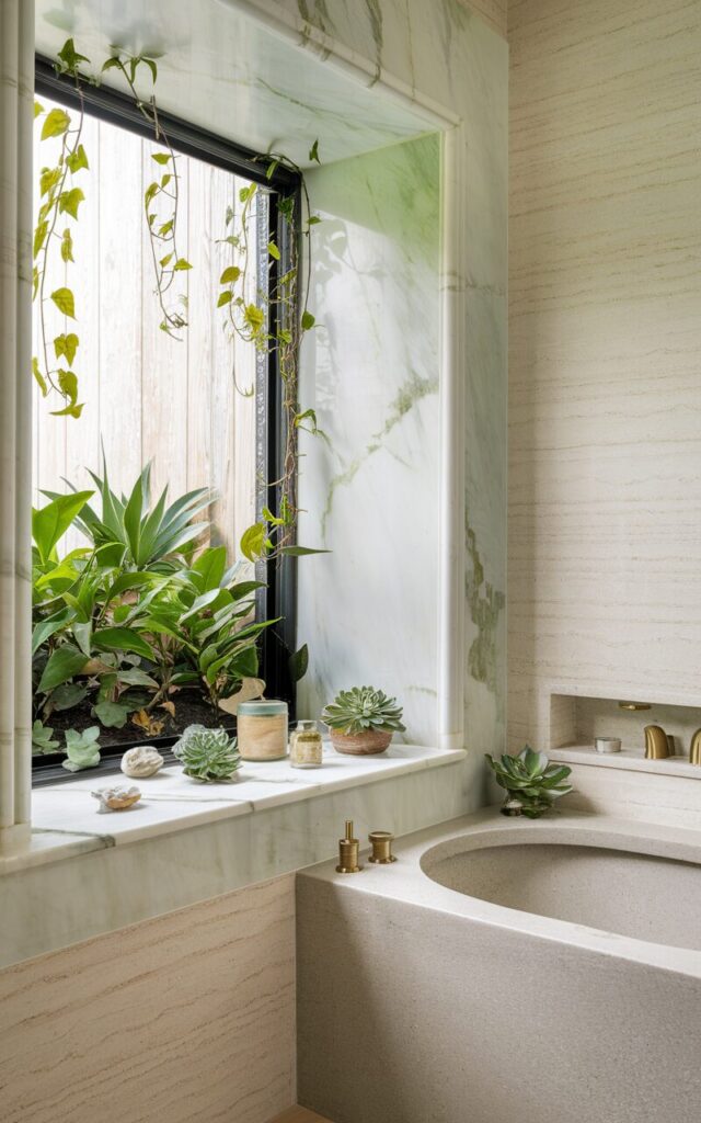 A photo of a luxe biophilic bathroom with a window trimmed with polished white marble. The window has soft green veining and contains a deep marble ledge for displaying potted vines, sculptural succulents, and everyday essentials in ceramic jars. The window frames lush outdoor greenery, blurring the line between inside and out. The surrounding walls are clad in light natural stone, and a soaking tub in matte stone sits nearby with brushed gold fixtures. The space is filled with organic textures—linen, bamboo, and smooth marble—creating a calming, spa-like retreat that feels rooted in nature yet undeniably luxurious. 