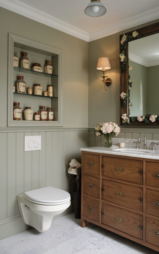 A photo of a luxurious English countryside bathroom. The room has a classic charm with modern updates. There is a sleek, wall-mounted toilet with clean lines and a concealed cistern. The toilet is set against a painted wainscoting wall in a soft, muted sage green, adding traditional warmth. Above the toilet, a recessed niche is built into the wall, neatly stocked with essential toiletries displayed in ceramic and glass jars with vintage-style labels, framed by delicate molding. The vanity is crafted from rich oak with brass hardware and topped with a white marble countertop. A large framed mirror with soft lighting and floral accents completes the posh, cozy look. The ceiling has a pendant light.
