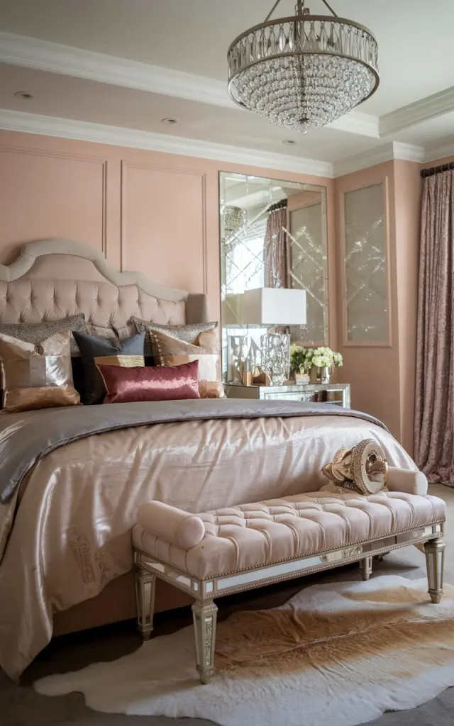 A photo of a luxurious Hollywood Glam bedroom with a plush velvet bench at the foot of a king-sized bed. The bed is dressed in satin bedding with metallic and jewel-toned pillows. A mirrored nightstand, crystal chandelier, and art-deco-inspired decor elements add sparkle and drama. The walls are painted a soft blush with subtle paneling, and a faux fur rug lies underfoot. The bench enhances both elegance and function, completing the space with a touch of red-carpet sophistication.