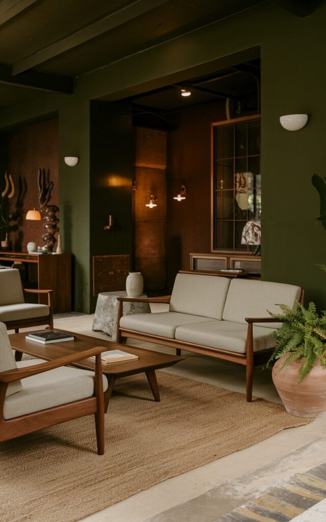 A photo of a mid-century modern living room painted in deep forest green. The room features clean-lined wooden furniture, including a sleek walnut sofa with neutral cushions and a low-profile coffee table. There's a jute rug, a terracotta pot with a fern, and stone accents. The room has warm wood tones, minimalist lighting, and subtle vintage decor. The overall atmosphere is rich and grounded.