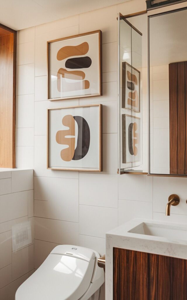 A photo of a mid-century modern bathroom with clean white walls, warm wood accents, and minimalist fixtures. Above the toilet, there are 2-3 abstract art pieces in sleek glass frames. The artwork showcases bold shapes and muted tones, typical of mid-century design. The space has a balanced and stylish retro atmosphere. Soft, natural light enhances the textures and colors, making the art a subtle yet striking focal point.