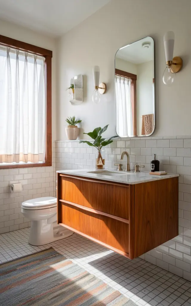 A photo of a mid-century modern bathroom with a floating teak vanity (wall mounted) with rounded corners, topped with a sleek quartz marble countertop. The space has clean white walls, subtle geometric tile patterns, and soft natural light that highlights the rich textures and retro-inspired design. The bathroom includes a toilet, wall scones, a floor rug, a curtained window, and a plant.