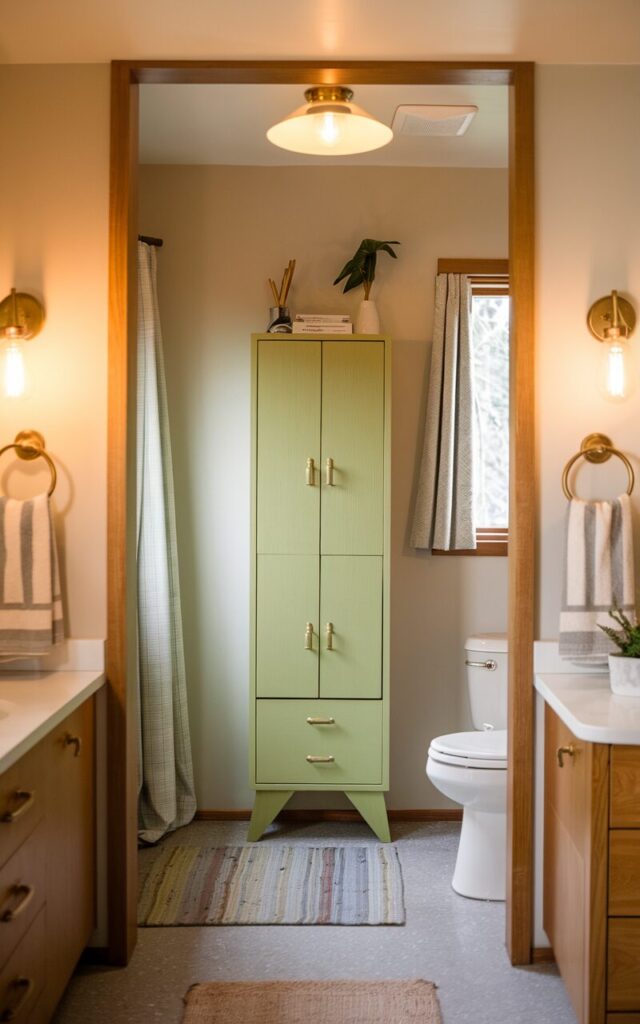 A photo of a mid-century modern bathroom with a linen cabinet painted in a bold avocado green. The cabinet stands out against neutral walls and natural wood accents, adding a vibrant retro pop of color. The space is surrounded by minimalist fixtures, brass hardware, and warm lighting, enhancing the cozy, vintage-inspired atmosphere. The bathroom features a vanity, a toilet, a curtained window, a floor rug, and a ceiling pendant light.