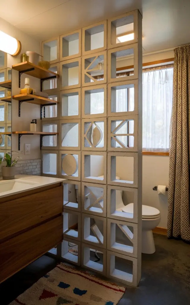 A photo of a mid-century modern bathroom with a breeze block-inspired concrete panel wall serving as a stylish partition between the dry and wet areas. The concrete panels feature geometric cutouts (diamond, triangle, circle). Surrounding elements include a warm wood vanity, open shelves, a floor rug, a curtained window, and a toilet. The space looks lively and inviting.