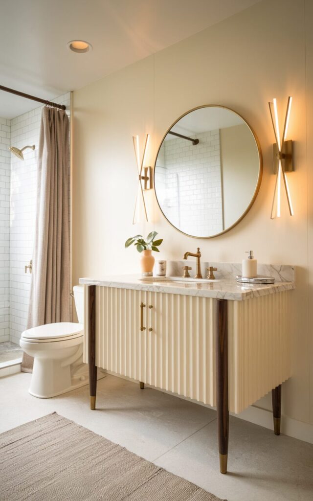 A photo of a mid-century modern full bathroom with a fluted vanity in a creamy, off-white tone as the focal point. The vanity features sleek, dark walnut legs and is topped with a marble countertop for sharp contrast. Brass hardware adds an eye-catching, modern edge. Above, a round mirror with a thin brass frame reflects clean white walls and geometric sconces (Warm light on). Warm wood accents and minimalist decor ground the space, blending creamy neutrals with statement details in true mid-century style—elegant, functional, and subtly retro. The space also has a toilet, shower area, curtained window, LED recessed light, floor rug. Natural light is soft.