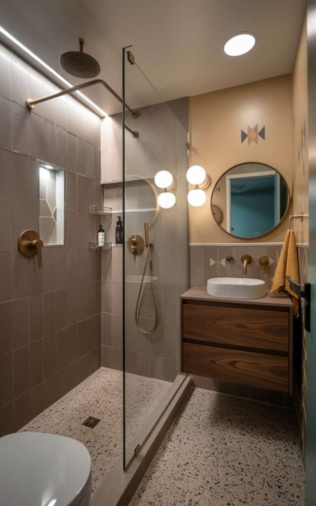 A photo of a mid-century modern small bathroom. The shower area has oversized taupe tiles, with clear glass enclosure and sleek brass or matte black hardware. The shower has a rainfall showerhead, recessed shelves, and a ceiling light. The room has a floating walnut vanity, a round mirror, and retro globe sconces. The floor is terrazzo-style. There are subtle geometric accents and a pop of mustard or teal in decor elements. The overall space is stylish, space-savvy, and timelessly modern. The lighting is soft and ambient.
