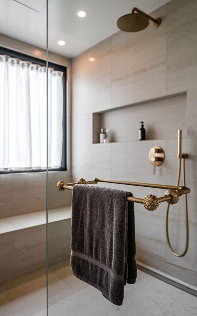 A close-up photo of a minimalist Scandinavian bathroom. There's a fully furnished shower area with a sleek, brushed brass detailed towel rod attached to the frameless glass shower door outside. The rod holds a dark charcoal linen towel. The shower area has a brushed brass rainfall shower head, recessed shelves with essentials, a curtained window, a tiled floor, and a recessed ceiling with LED lights.
