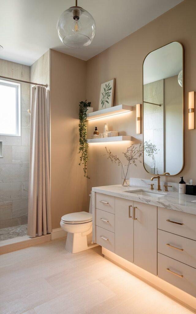 A photo of a minimalistic luxe full bathroom with walls painted in a soft almond shade. The space features clean lines, a floating vanity with a marble countertop, and subtle gold hardware. Neutral tones dominate, with light stone flooring and soft beige accents. The space also has a toilet, a separate shower area with a curtain, a ceiling glass pendant light (warm light on), a few plants, open shelves with LED underlighting, and 2-3 botanical framed art on the wall.