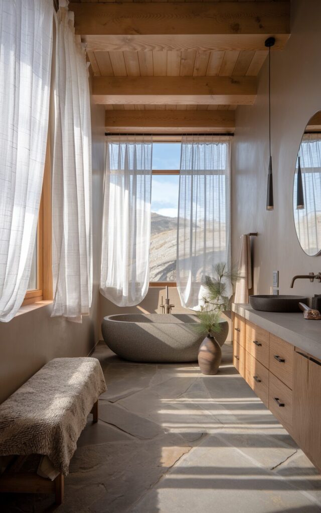 A photo of a modern Alpine chic ensuite bathroom with large picture windows softly dressed in sheer, white translucent drapery. The diffused mountain light spills into the space, casting a warm, natural glow. The bathroom features a freestanding matte stone tub positioned near the window, framed by the flowing curtains. Natural materials dominate—light oak ceiling beams, a floating vanity in warm wood, and brushed nickel fixtures. The walls are smooth plaster in a soft taupe-gray tone, complemented by oversized stone-look floor tiles. A wool-textured bench, minimal pendant lighting, and a few pine sprigs in a ceramic vase complete the cozy-yet-elevated vibe. The overall feel is warm, private, and cocooned in soft mountain light.