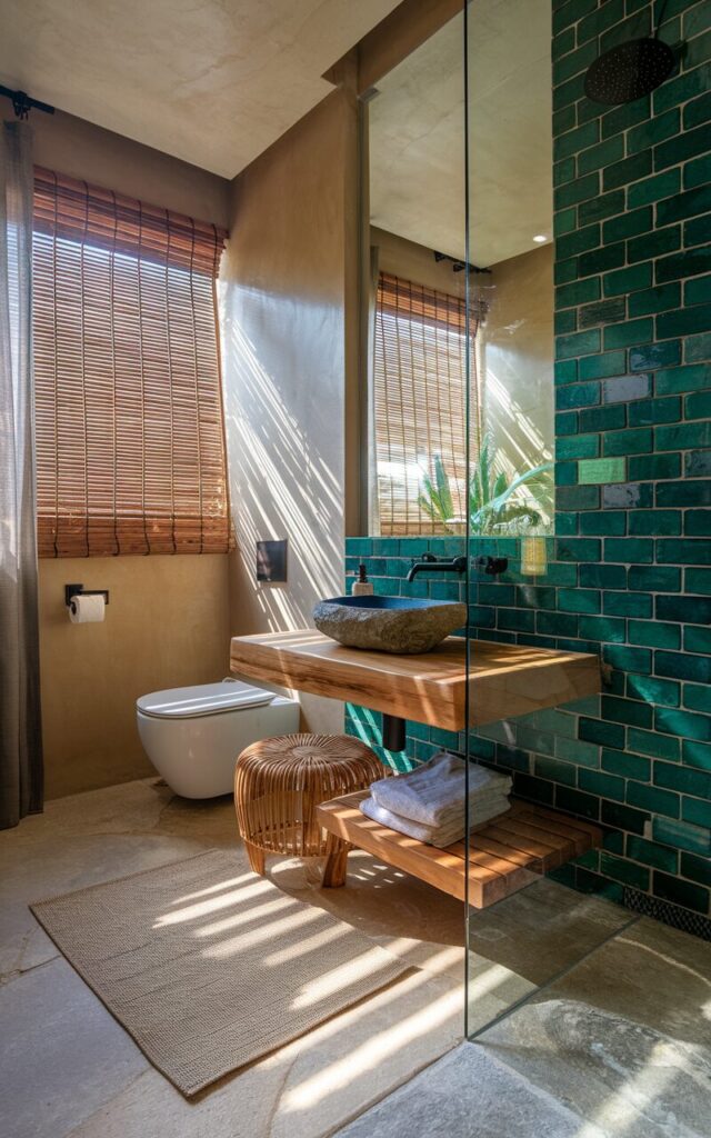 A photo of a modern Balinese bathroom with rich, deep emerald-green tiles that add a dramatic edge and evoke lush tropical foliage. The tiles clad one accent wall behind a sleek stone vessel sink atop a floating teak vanity with minimalist black hardware. Surrounding walls are finished in smooth, warm plaster, while the floor is laid in natural stone looking like river rock. A frameless glass shower showcases the green tile as a backdrop for rain-style fixtures in matte black. Rattan stools and soft linen towels enhance the island-inspired luxury. Ample natural light filters through bamboo blinds, creating serene shadows that highlight the tile's sumptuous color and texture. The space also has a toilet, curtained window, floor rug, and shower area.