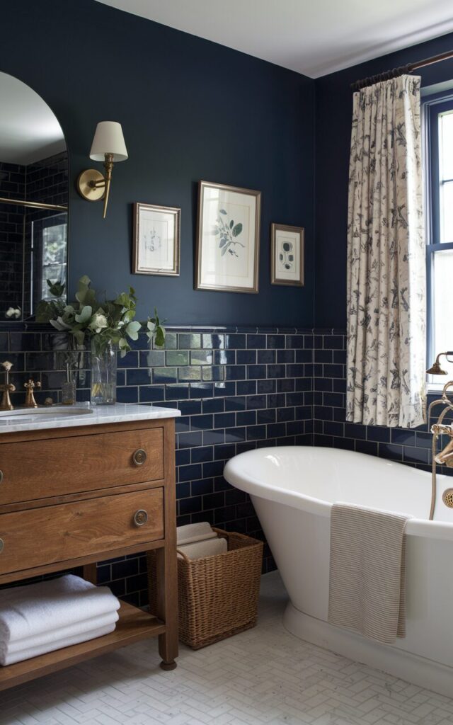 A photo of a modern English countryside bathroom with a moody atmosphere. The walls are covered in deep navy tiles, which seamlessly match the wall paint. The lower half of the walls and the shower area are lined with glossy navy subway tiles. The upper walls are painted in a perfectly matched matte navy tone. A freestanding white tub with classic curves sits beneath a window dressed in light floral curtains. A warm wood vanity with vintage-style hardware and a marble top adds rustic charm. The vanity is paired with brass or aged bronze fixtures. Framed botanical prints, a woven hamper, and fresh greenery complete the look, which is refined, romantic, and rich in countryside character.