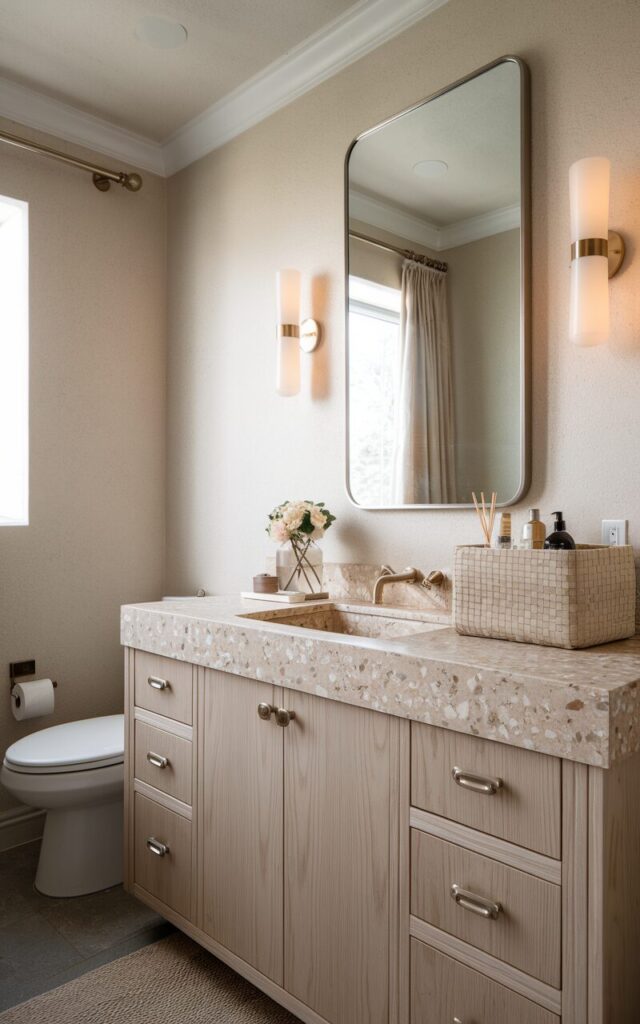 A photo of a Japandi-style bathroom with transitional touches. The room has a sleek vanity with a beige terrazzo countertop, which is topped with skincare and haircare items in a beige woven basket. The vanity is framed by smooth wood cabinetry in a light ash finish and features brushed nickel hardware. The countertop also contains a flower vase and a decor piece. The room has soft lighting from wall scones, neutral plaster walls, and a simple rectangular mirror with rounded corners. The bathroom also contains a toilet, a curtained window, and a floor rug. The focus is on the countertop.
