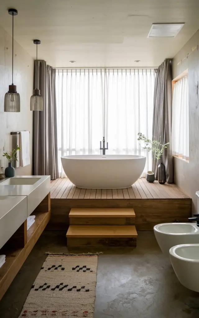 A photo of a Japandi + rustic ensuite bathroom with a step-up tub platform. The bathroom has a freestanding tub on a low, wood-clad platform, grounded yet subtly lifted. The materials mix minimalist Japandi sensibility with rustic warmth. There is a floor-to-ceiling picture window with curtains that filters natural light. The elevated tub invites slow bathing, with peaceful symmetry and tactile beauty all around. The lower platform has a double vanity, pendant lights, a toilet, and a floor rug.