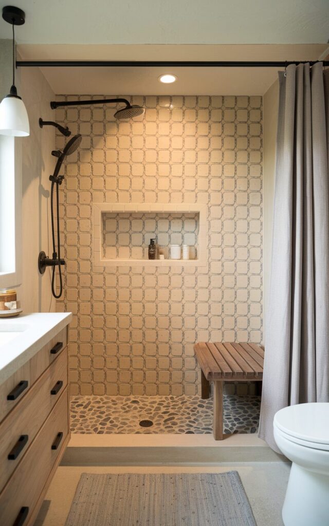 A photo of a modern Japandi-style bathroom with a traditional twist. The shower area has cream-toned peel-and-stick tiles with a bold geometric design as a backsplash. The tiles blend seamlessly with the smooth beige plaster walls, adding a soft, handcrafted feel without overpowering the serene aesthetic. A teak shower bench and black matte fixtures introduce modern contrast, while a soft linen shower curtain and a ceramic stool nod to traditional Japanese minimalism. The shower area has pebble flooring, a rainfall showerhead, recessed shelves, and a ceiling with LED lights. Outside the shower area, there is a vanity, pendant lights, a toilet, and a floor rug.