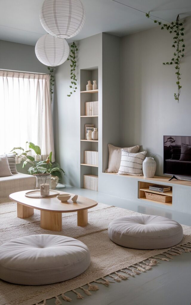 A photo of a Japandi-style living room painted in soft misty gray. The room features clean-lined low-profile furniture in natural wood and neutral fabrics. There is a cozy textured rug underfoot, large floor cushions, and a simple wooden coffee table. A bookshelf nook is present beside a TV console. Soft lighting from paper lanterns and subtle greenery bring balance and tranquility. The walls are painted in a serene misty gray.
