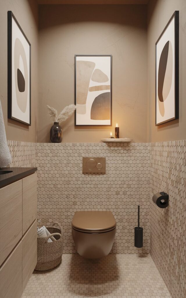 A photo of a modern Scandi bathroom with a sleek, minimalist design. The room features a soft-close toilet seat in a warm neutral tone, a textured beige hexagonal tiled wall, light oak cabinetry, and matte black accents. The walls have framed abstract art. There's a woven basket holding extra rolls and a simple ceramic tray on the tank with a candle and linen spray. The room has a calm, functional, and effortlessly stylish vibe, with every detail thoughtfully chosen for comfort and design harmony. The natural light is from the golden hour.
