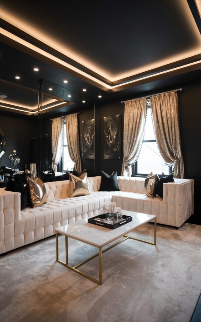 A photo of a modern and glam fully furnished living room painted in bold charcoal black, creating a dramatic and daring vibe. The space features light-colored furniture — a plush cream sectional sofa with metallic gold and black accent pillows, and a sleek marble coffee table with gold legs. The recessed ceiling has subtle LED strip lights casting a warm glow, highlighting the black walls beautifully. A window with luxurious curtains in a soft champagne color adds to the moody ambiance. Mirrored and metallic decor elements, a soft textured rug, and a few statement art pieces complete the glamorous, modern look.