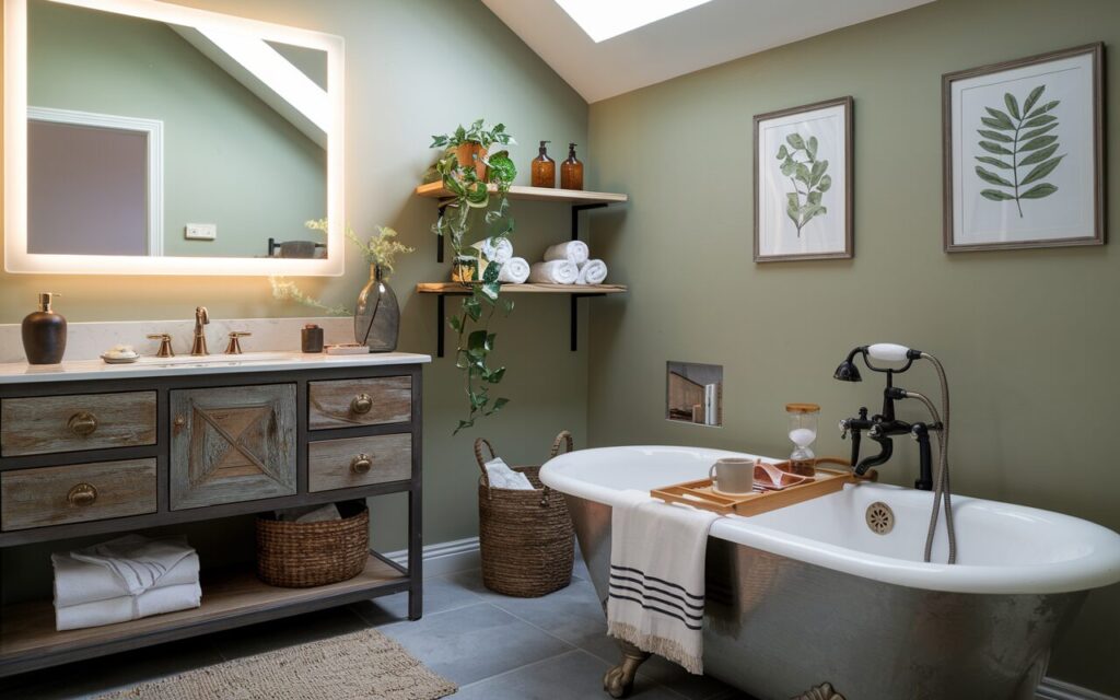 A photo of a chic spa bathroom with modern cottagecore elements. The room has a sage green painted wall with two framed botanical prints. There is a freestanding clawfoot tub with a wooden bath tray holding a ceramic mug, a mini sand timer, and a book. A floating shelf displays rolled white towels, amber glass dispensers, and a potted trailing plant. A pebbled bath mat lies beside the tub, and a rattan basket holds extra linens. The vanity combines rustic wood with brushed brass hardware and a large backlit mirror, giving the space a warm, spa-like yet highly functional look. The room is lit by a soft skylight.