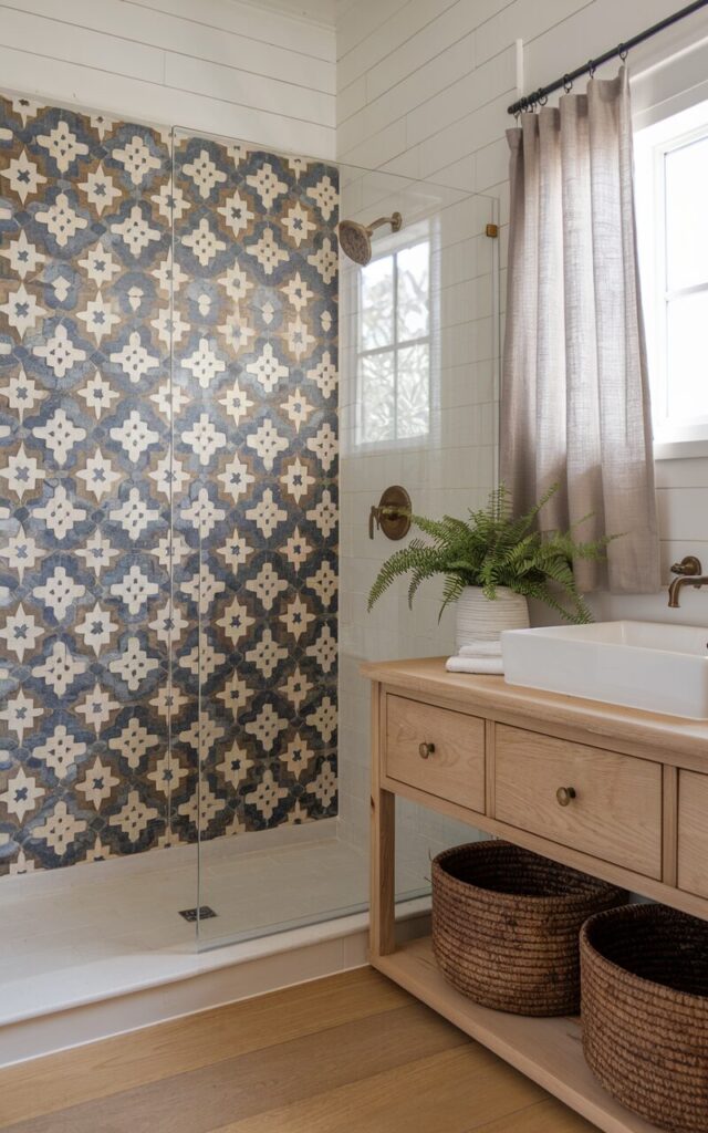 A photo of a modern cottagecore ensuite bathroom with a bold Moroccan print tile shower wall. The patterned tiles feature deep blues, terracotta, and creamy whites with intricate geometric and floral motifs. The rest of the bathroom is soft and neutral, with whitewashed shiplap walls and warm, light oak flooring. A frameless glass shower enclosure highlights the tile wall without distraction. The vanity is a simple wooden piece with a white ceramic sink and brass hardware. Natural woven baskets and a few potted ferns add cozy, earthy touches. Soft linen curtains filter natural light from a nearby window.