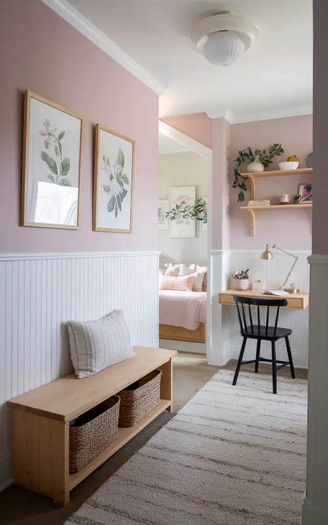 A photo of a modern cottagecore hallway leading to a cozy bedroom. The lower half of the wall is lined with classic white wainscoting, while the upper portion is painted in a soft pastel hue—such as dusty rose and pale lavender. Two framed botanical art prints hang neatly above the wainscoting, adding personality and warmth. The hallway includes a slim wooden bench with woven baskets underneath, a wall-mounted shelf with essentials, and a mini workspace with a floating desk, chair, and small lamp. Natural textures, soft lighting, and floral touches complete the scene, making the hallway both practical and inviting.