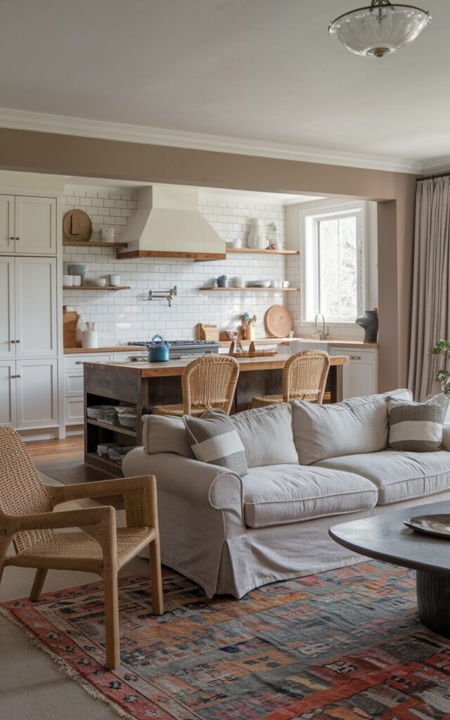 A photo of a modern cottagecore living room and kitchen painted in grounding dusty taupe. The open-plan space features a cozy living area with a soft slipcovered sofa sitting atop a colorful vintage rug. A sleek modern coffee table and a rustic wooden console are also present. The charming kitchen has white shaker cabinets, open wooden shelves, and a butcher-block island. A mix of wicker chairs, ceramic vases, and soft linen curtains complete the look. The living room ceiling has a cottagecore style pendant light or a chandelier.