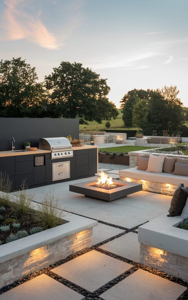 A photo of a modern countryside outdoor kitchen. There is a sleek cooking area with matte black cabinetry, integrated stainless steel appliances, and light wood countertops. Beside the cooking area, there is a contemporary fire pit framed by natural stone and low-slung seating with neutral cushions. Softly landscaped garden beds, gravel pathways, and ambient lighting surround the space. The fire pit is a central gathering spot, merging modern minimalism with the warmth of countryside living.