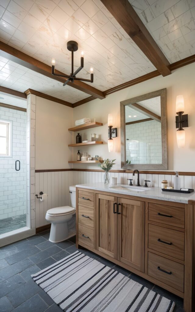 A photo of a modern craftsman bathroom with a marble-tiled ceiling. The ceiling features soft white marble tiles with subtle charcoal veining, laid in clean lines above warm wood detailing and dark metal accents. The ceiling has a chandelier with warm light on. Below, the space features a rich walnut vanity with Shaker-style doors, matte black hardware, and a white quartz countertop. Craftsman-style sconces in bronze flank a rectangular mirror framed in natural wood. Crisp wainscoting lines the lower half of the walls, and slate tile flooring anchors the look. The bathroom has a toilet, shower area, floor rug, open shelves with essentials, etc. Natural light is filtered, even.