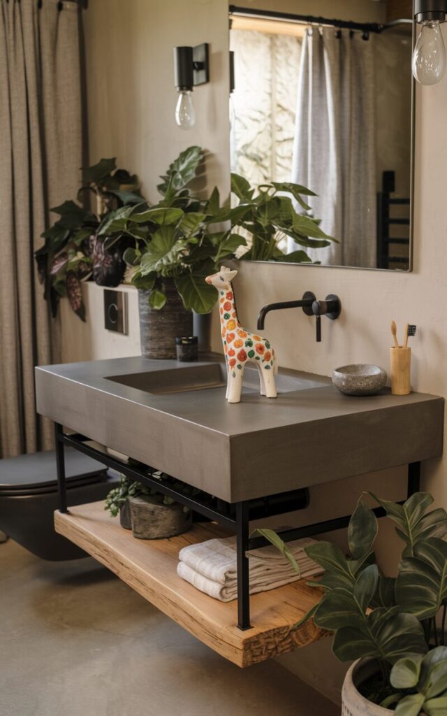 A photo of a rustic bathroom vanity with a sleek stone countertop, matte black fixtures, and a minimalist floating wood base. On the counter, there is a small, colorful giraffe figurine made of hand-painted ceramic. The scene is surrounded by lush potted plants, a stone soap dish, and a bamboo toothbrush holder. The bathroom also has a toilet, curtained window, and wall sconces.