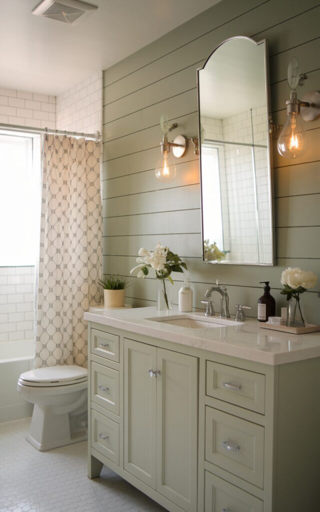 A photo of a modern farmhouse bathroom with a sage green shiplap accent wall behind the vanity. The vanity is fully furnished with essentials. The bathroom has a toilet, shower area, curtained window, and glowing wall sconces. The natural light is soft and ambient.
