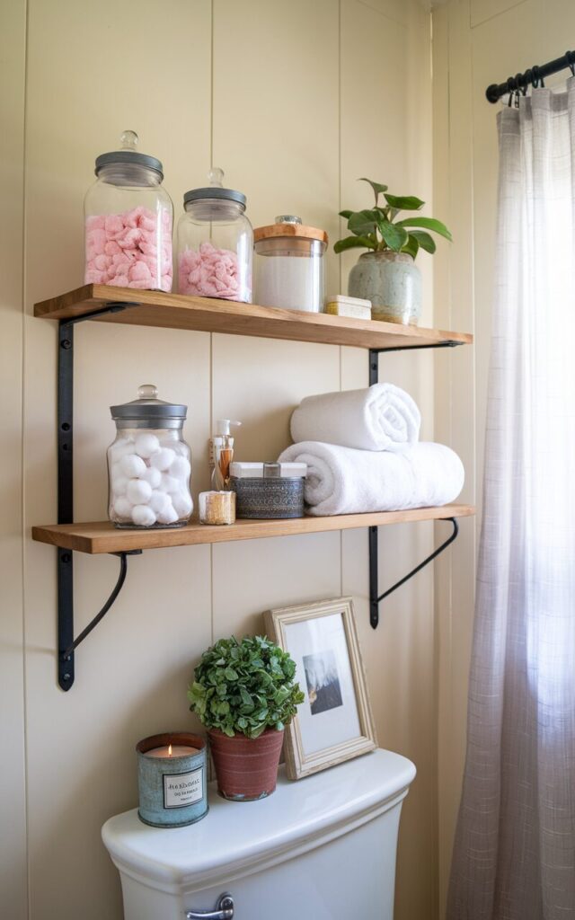 A photo of a modern farmhouse bathroom with an open wooden shelf mounted above the toilet. The shelf displays a curated mix of apothecary jars filled with pink bath salts and cotton balls, clear glass canisters holding essentials, and neatly rolled white towels. A small potted plant in a ceramic pot adds a touch of greenery, while a few decorative accents—like a framed mini print and a candle in a rustic tin—complete the look. The background features creamy ivory walls and black metal shelf brackets, blending utility with charm in a clean, stylish setup. Nearby, a sheer curtained window filters natural light.