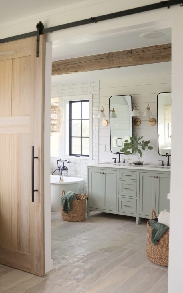 A photo of a modern farmhouse ensuite bathroom with a pocket-door entry. The pocket door is made of natural wood with a matte black handle. The bathroom has a clean white palette with black-framed windows, subway-tiled walls, and a freestanding tub beneath a rustic wood beam. The vanity is a shaker-style piece in soft sage green with brass hardware and dual sconces above each mirror. The floor is made of neutral stone-look flooring. There are woven baskets and greenery in the room, which bring in warmth and farmhouse coziness.