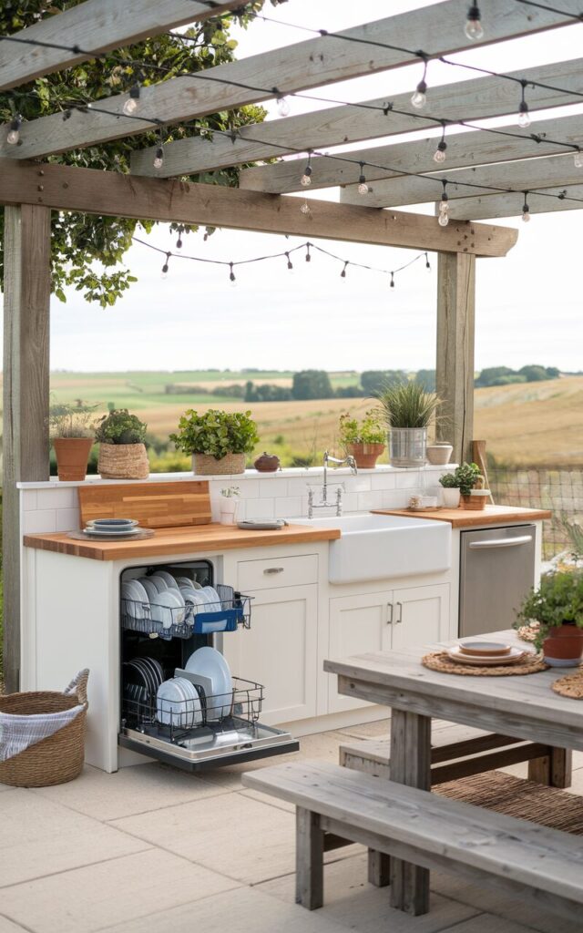 A photo of a modern farmhouse outdoor kitchen. The kitchen features a built-in open outdoor dishwasher loaded with dishes, shaker-style white cabinets, a butcher block countertop, and a farmhouse sink. There is a wood-beam pergola draped in string lights above the kitchen. The scene is set in a serene environment with a view of rolling fields. The kitchen is furnished with a weathered wood dining table, potted herbs, and woven baskets, creating a cozy atmosphere.