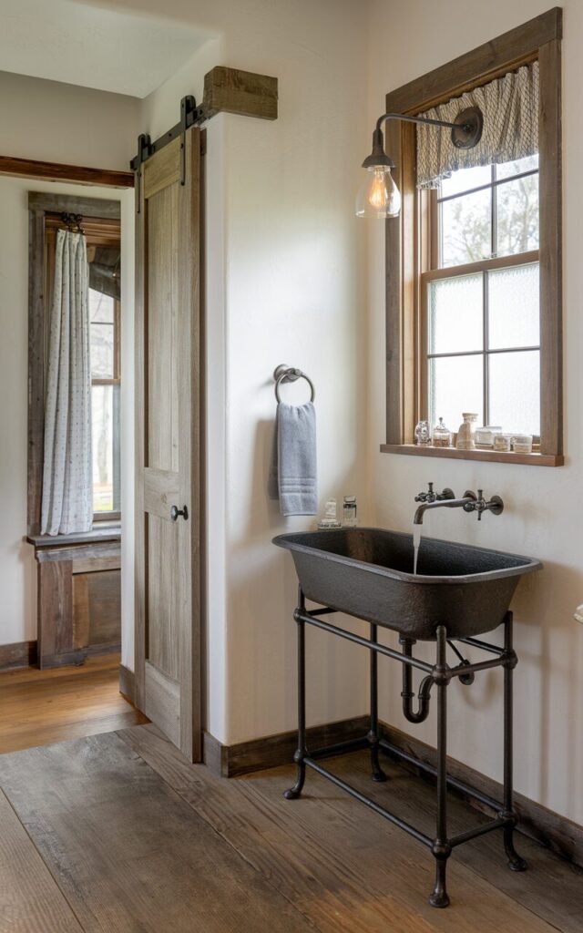 A photo of a modern farmhouse with a vintage style bathroom. The bathroom has a cast iron trough-style sink mounted on a metal stand. The bathroom is fully furnished and well-decorated. The room features a vintage light fixture, a wooden door, and a window with a curtain. The walls are painted with white paint. The floor is made of wooden planks.