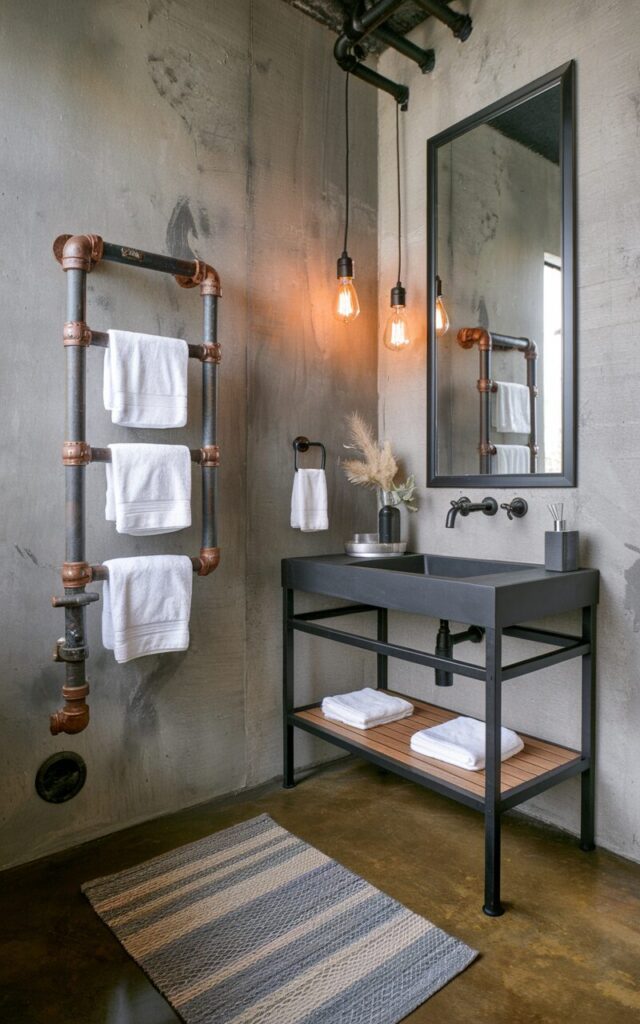 A photo of a modern industrial chic bathroom with exposed concrete walls, matte black fixtures, and warm wood accents. An old metal pipe, repurposed and mounted horizontally on the wall, serves as a rugged towel rack, holding neatly folded white towels. Above, a sleek black-framed mirror and pendant lights with Edison bulbs add a stylish, urban edge. The floor is polished concrete with a soft woven rug, blending raw industrial charm with refined elegance.