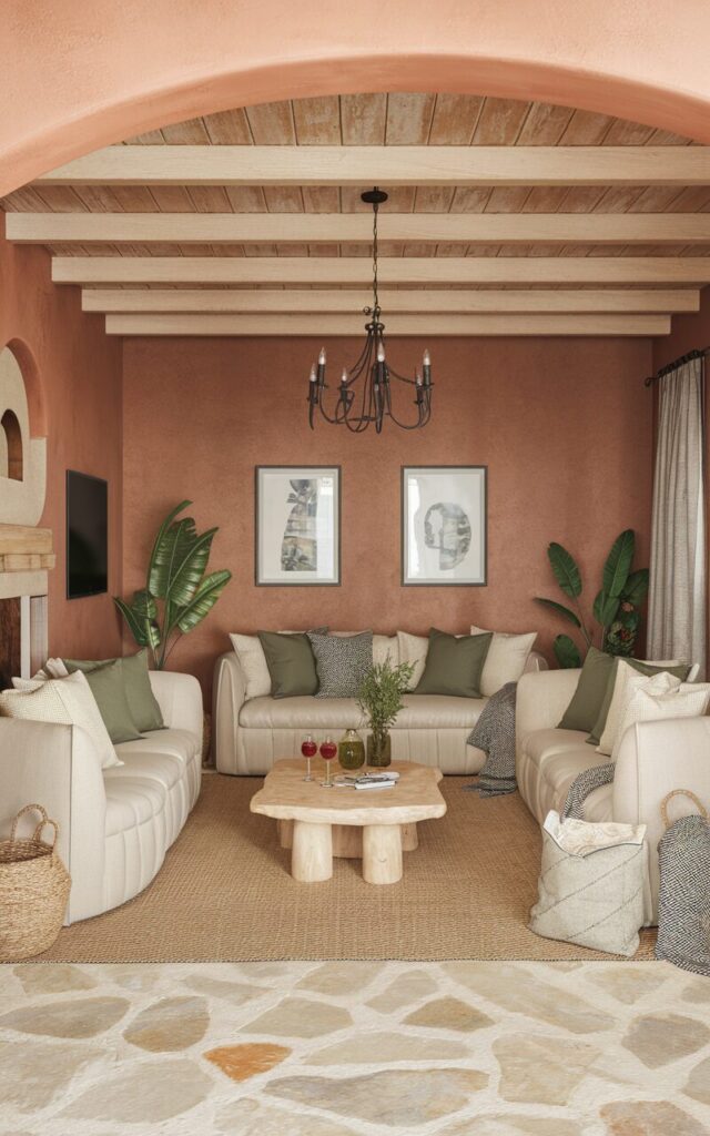 A photo of a modern living room with a Mediterranean touch. The room has warm terracotta walls and is furnished with soft neutral furniture in beige and cream. There is a natural stone floor, wooden ceiling beams, a fireplace, a TV, a rug, and a chandelier. The room has accents of olive green and rustic ceramics, with textured rugs and cozy cushions. The walls have texture and are adorned with two framed art pieces. The room is paired with plants, woven baskets, and a glass of sangria on the coffee table.
