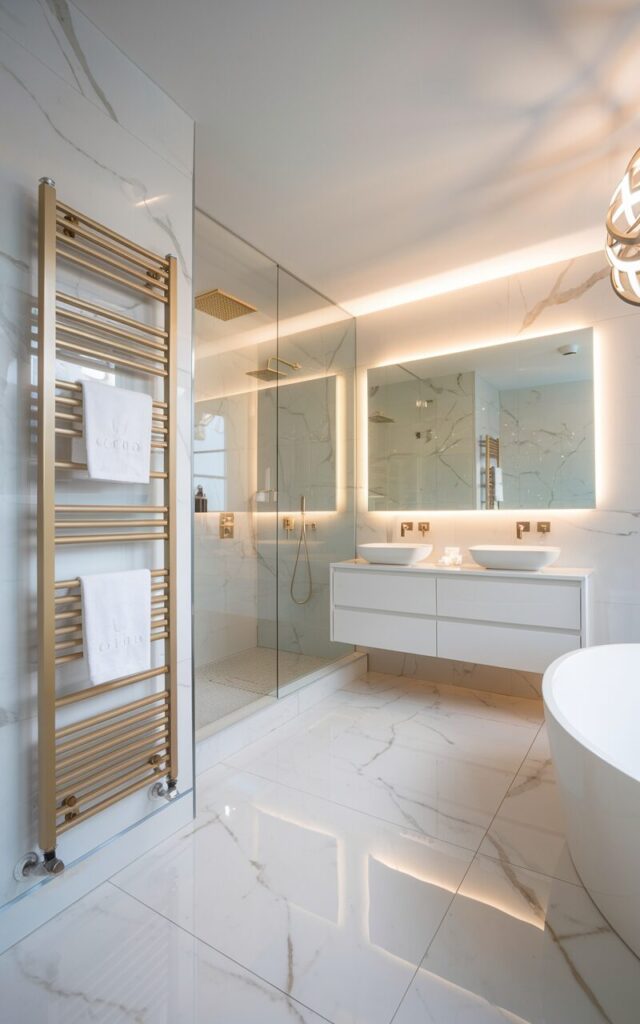 A photo of a modern luxe ensuite bathroom layout with a sleek, wall-mounted heated towel rail beside the shower and tub zone. The rail has a brushed gold finish and designer towels hanging on it. Large-format marble tiles in white with soft gray veining wrap the walls and floors, creating a seamless, elegant look. A floating vanity with under-glow lighting, dual vessel sinks, and a wide backlit mirror anchors one side of the room. Across from it, the freestanding tub sits under a sculptural light fixture, while the heated towel rail stands nearby—perfectly positioned for cozy, spa-like comfort after a soak.
