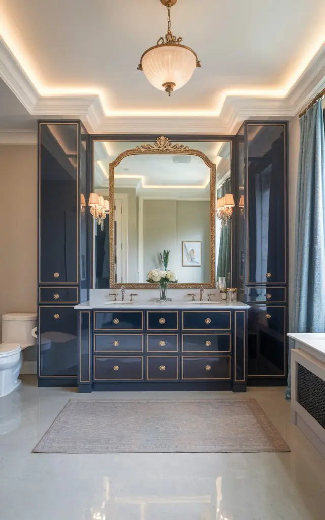 A photo of a modern regal ensuite bathroom with a double vanity, centered beneath an ornate gold-trimmed mirror. The vanity is flanked by tall side towers for vertical storage, finished in rich lacquered navy, emerald, or soft greige with elegant brass or crystal knobs. There are two floor-to-ceiling cabinets on either side, providing ample hidden and open shelving. The room has a toilet, floor rug, a curtained window, and a statement pendant hanging from the high ceiling. The floor is polished stone, and the space has subtle crown molding, ambient lighting, and under-cabinet LED strips, creating a softly glowing, palace-like atmosphere.