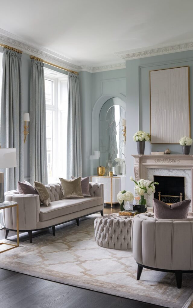 A photo of a modern regal living room painted in soft powder blue. The room features a balanced and elegant design, with a plush, tufted sofa in a neutral tone paired with velvet throw pillows. The sofa is positioned opposite a beautifully decorated fireplace with intricate molding and a large framed art piece above. A luxurious patterned rug anchors the space, while gold accents in a side table, lamp, and decorative objects add warmth and sophistication. Soft drapes frame tall windows, completing the airy yet refined atmosphere.