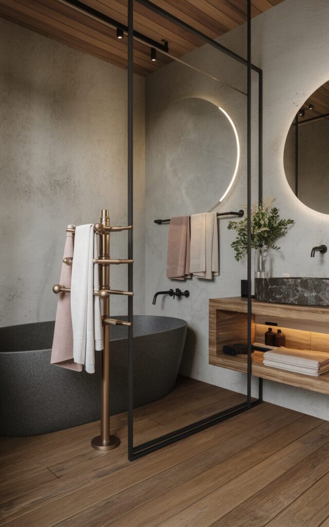 A photo of a modern rustic and Asia Zen bathroom with a wooden floor, textured walls, matte black fixtures, and a minimalist aesthetic. There is a freestanding tub beside a small metal pole with 2-3 rotating arms in brushed gold, each arm extending outward and holding hanging towels in white and muted blush tones. The space also has a polished stone vanity with a round backlit mirror and a subtle pop of greenery in a modern planter. The overall design is sophisticated, functional, and effortlessly glamorous.