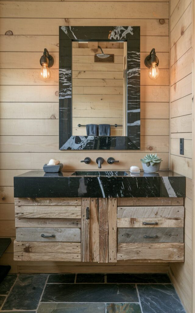 A photo of a modern rustic bathroom with a glossy black marble vanity mirror trimmed in bold white veining. The mirror is above a reclaimed wood vanity. The bathroom has natural wood paneling walls and a floor made of wide slate tiles. There are matte black fixtures, Edison bulb sconces, a small potted succulent, and a stone soap dish on the counter.