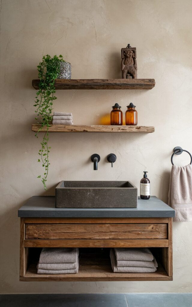 A photo of a modern rustic + chic bathroom with a straight-on full view of a floating wood vanity with a stone countertop and rectangular sink. Above the vanity, a small wall-mounted shelf in reclaimed wood is neatly installed against a beige textured wall. The shelf holds a few stylish items: a tiny trailing plant in a patterned ceramic pot, a couple of cute amber glass jars, and a small travel souvenir (like a carved wooden figurine or a postcard in a clip frame). Matte black fixtures, a frameless mirror, and soft linen towels complete the scene.