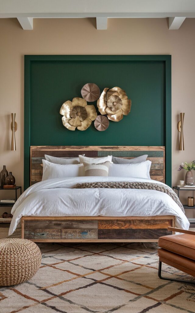 A photo of a modern rustic-chic bedroom with a bold forest green accent wall behind a bed. The bed features a reclaimed wood frame and crisp white bedding, linen pillows, and a chunky knit throw. The room also contains a modern rug with earthy tones, a jute ottoman, and a leather chair. The walls are painted in soft, neutral beige tones. The room is adorned with metallic floral wall décor in gold and bronze finishes. Sleek brass sconces flank the bed.