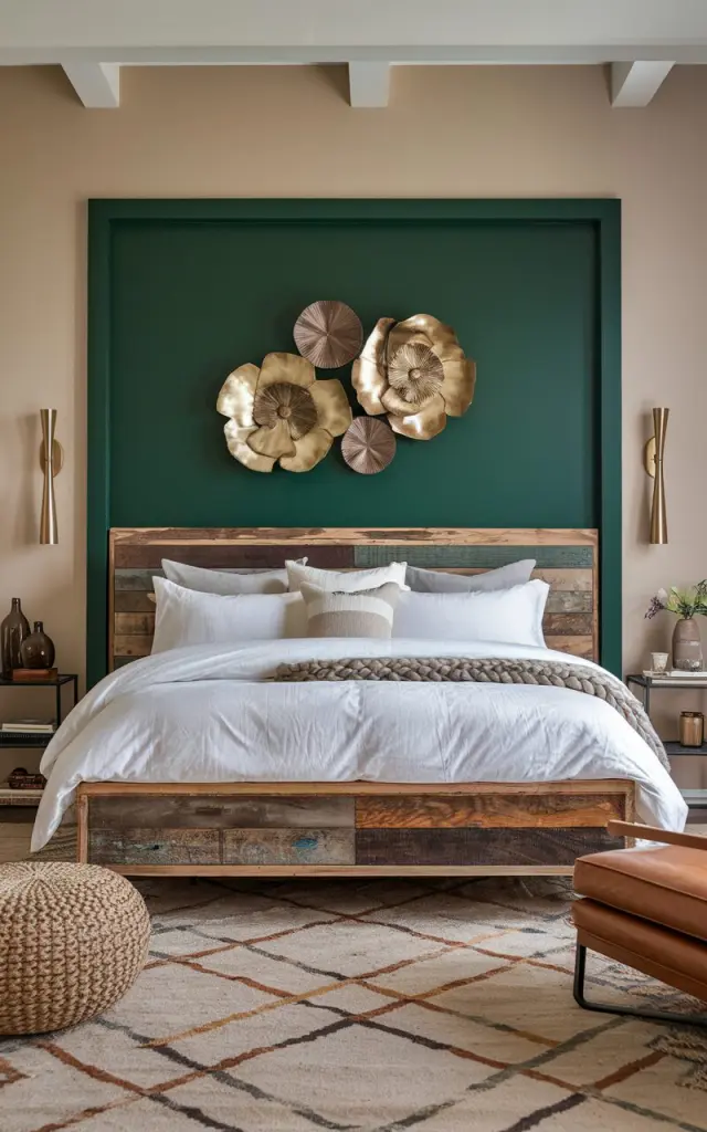 A photo of a modern rustic-chic bedroom with a bold forest green accent wall behind a bed. The bed features a reclaimed wood frame and crisp white bedding, linen pillows, and a chunky knit throw. The room also contains a modern rug with earthy tones, a jute ottoman, and a leather chair. The walls are painted in soft, neutral beige tones. The room is adorned with metallic floral wall décor in gold and bronze finishes. Sleek brass sconces flank the bed.