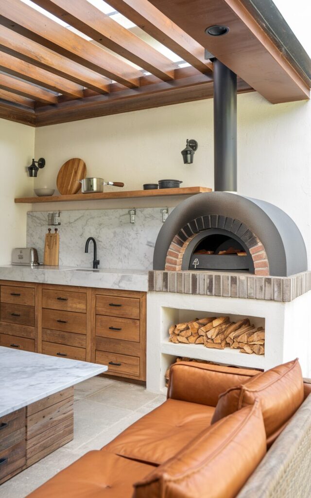 A photo of a modern rustic outdoor kitchen with a sleek wood-fired pizza oven made of stone and brick, seamlessly integrated into a countertop with warm wood accents. The kitchen area combines clean, contemporary lines with natural materials like reclaimed wood and matte black metal fixtures. Surrounding the oven are a marble countertop with a sink, built-in drawers, open shelving with minimalist cookware, and comfortable seating with leather cushions.