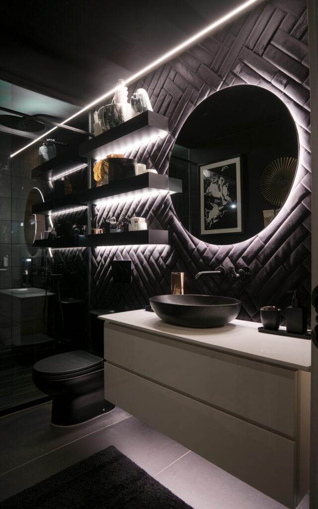 A photo of a moody modern eclectic bathroom in a striking black and white palette. The bathroom is softly glowing under hidden LED strip lighting. The LED lights are neatly tucked beneath floating matte black shelves, casting a gentle, ambient glow onto a dramatic velvet-textured diamond-cut tile backsplash in deep charcoal. The bathroom is fully styled for nighttime. The vanity is sleek and minimalist, with a high-gloss white counter and black vessel sink. A large round mirror reflects the layered lighting and tile texture, while monochrome artwork and bold finishes bring personality to the space. The atmosphere feels both luxe and lived-in—like a stylish after-hours retreat. The bathroom also has a toilet, shower area, etc.